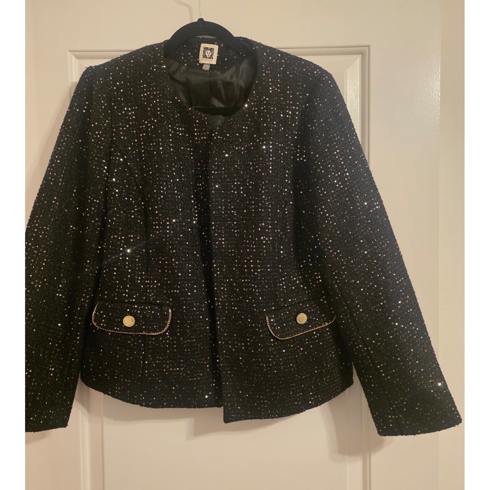Anne Klein black blazer with gold stitches woven in.